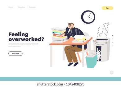 Overwork at workplace landing page concept with exhausted businessman at desk folded with stack of papers and documents. Template cartoon vector illustration