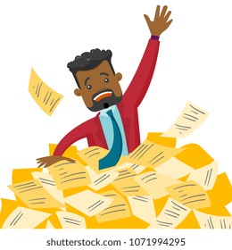 Overworked african-american business man sinking in the heap of papers. Stressed businessman having a lot of paperwork. Paperwork concept. Vector cartoon illustration isolated on white background.