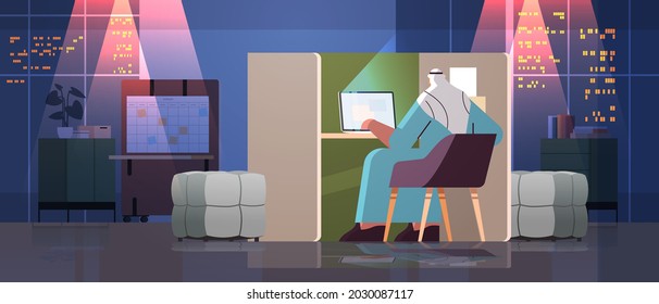 overworked arab businessman freelancer working on laptop arabic man sitting at workplace in dark night office room