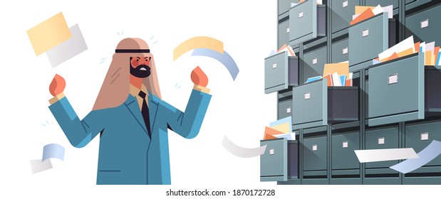 overworked arab businessman searching documents in filing wall cabinet with open drawers data archive storage business administration paper work concept horizontal portrait vector illustration