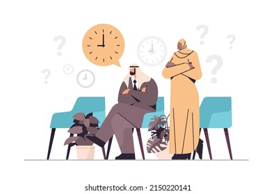 overworked arab businesspeople waiting for something hurry at work deadline time management concept