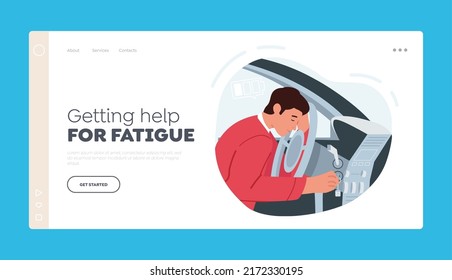 Overworked Automobile Driver Landing Page Template. Tired Man Sleeping at Wheel Inside of Car. Sleepy Male Character Dozing While Driving as Result of Lack of Sleep. Cartoon People Vector Illustration