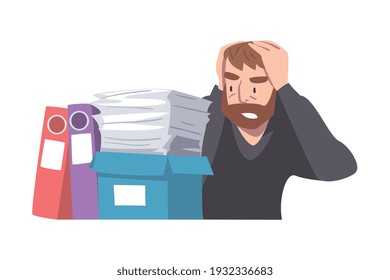 Overworked Bearded Man Character Holding Head with His Hands Looking at Pile of Papers Vector Illustration