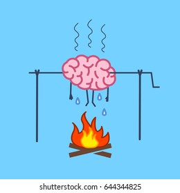 Overworked brain on fire. Vector concept illustration of burnout brain barbecue on skewer | flat design linear infographic icon on blue background
