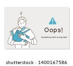 Over-worked business man is carrying many file folders. Text warning message, sorry something went wrong. Oops 404 error page. Hand drawn style vector design illustrations.