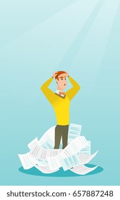 Overworked business man having a lot of paperwork. Caucasian businessman surrounded by lots of papers. Business man standing in the heap of papers. Vector flat design illustration. Vertical layout.