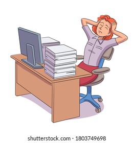 Overworked business woman under stress sitting at desk front of computer holding head in hand. Stressed worker, designer, executive manager, secretary having headache. Busy day vector design