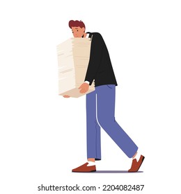 Overworked Businessman Carry Huge Steak of Documents. Workaholic Office Character, Employee Overload at Work, Busy Manager at Workplace with Paper Heap. Cartoon People Vector Illustration