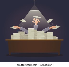 Overworked businessman drowning on paperwork.