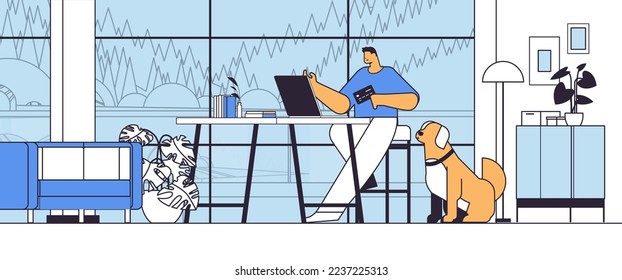 overworked businessman freelancer working on laptop man sitting at workplace living room interior horizontal linear