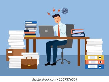 Overworked businessman at laptop. Burnout and stress employee working under pressure at workplace. Busy manager in office.