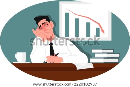 Overworked businessman, man lost in thought. Burnout, work fatigue and insecurity. Deterioration of business performance in a flat style. Stock vector illustration.
