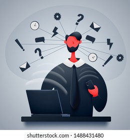 Overworked businessman or office worker sits at a table with a laptop and a phone. A person has a lot to do, he is very busy. Vector illustration.