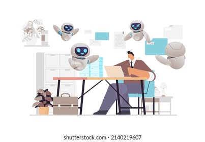 overworked businessman with robots using laptop at workplace busy business man working in office paperwork