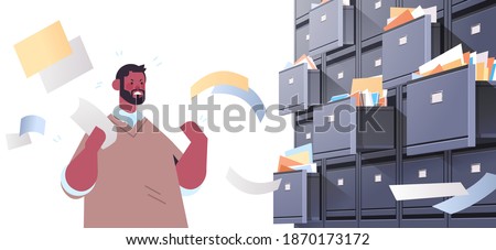 overworked businessman searching documents in filing wall cabinet with open drawers data archive storage business administration paper work concept horizontal portrait vector illustration
