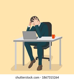 Un empresario sobrecargado de trabajo sentado frente a una computadora que sostenía la cabeza con dos manos, enfatizó. Concepto infeliz. Problemas de salud mental de trabajadores frustrados. Ilustración vectorial del día laboral largo.