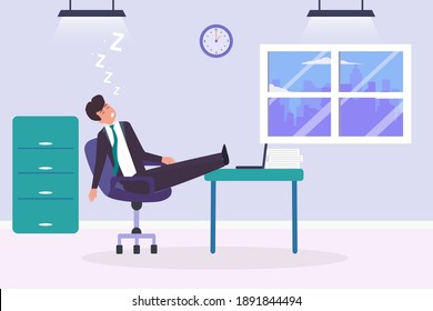 Overworked businessman sleeping at office 2D flat vector concept for banner, website, illustration, landing page, flyer, etc.