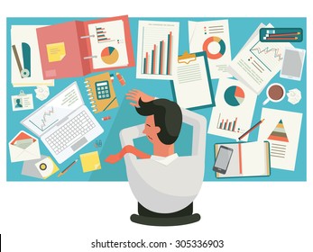 Overworked businessman taking a snap on desk at workplace, in office. Flat design. 