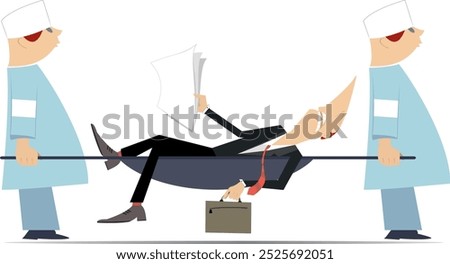 Overworked businessman, two physicians with a stretcher. 
Two physicians carry overworked businessman in a stretcher. Isolated on white background
