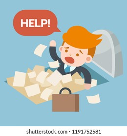 Overworked businessman under a lot of document. Hard working, a lot of work concept. Character flat vector illustration

