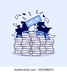 Overworked businessman under a lot of documents and holding a HELP placard. Cartoon character thin line style vector.