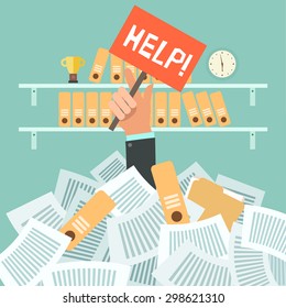 Overworked businessman under a lot of documents and holding a HELP placard on office background with shelves full of binders. A lot of work concept. Vector colorful illustration in flat design
