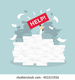 Overworked businessman under a lot of documents and holding a HELP placard. Vector