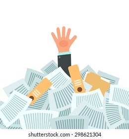 Overworked businessman under a lot of documents. A lot of work concept. Vector colorful illustration in flat design isolated on white