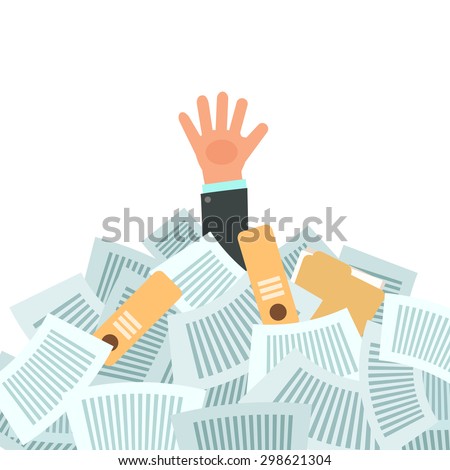 Overworked businessman under a lot of documents. A lot of work concept. Vector colorful illustration in flat design isolated on white