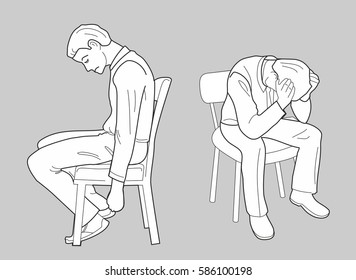 Overworked businessman is under stress with headache. Worried man. View front and side. Vector black vector illustration isolated on gray background.