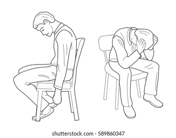 Overworked businessman is under stress with headache. Worried man. View front and side. Vector black vector illustration isolated on white background.