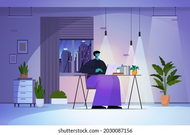 overworked businessman using laptop in dark night living room or office social media network concept