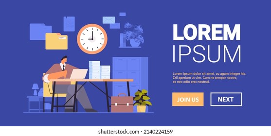 overworked businessman using laptop at workplace busy business man working in office paperwork deadline concept