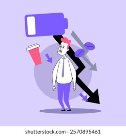 Overworked businessman vector illustration. Tired manager with huge discharged battery and arrows down on background. Business and burnout concept