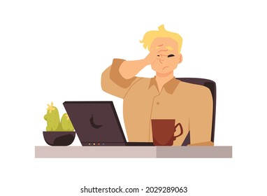 Un empresario sobrecargado de trabajo en el lugar de trabajo de la laptop está experimentando estrés con dolor de cabeza en ilustración vectorial de estilo plano aislada. El joven empleado está cansado, frustrado y nervioso