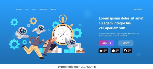 hombres de negocios y robots sobrecargados de trabajo corriendo en el cargo con cronómetro apurado en el tiempo de trabajo gestión de tiempo de trabajo inteligencia artificial concepto de tecnología de copia espacio de largo completo ilustración vectorial