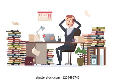 Overworked businesswoman. Asleep depressed tired hard work female manager sitting office desk in big pile of documents vector character