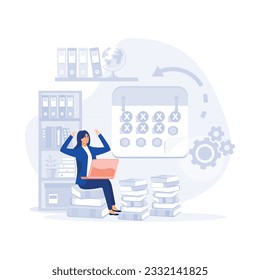 Overworked businesswoman, Asleep depressed tired hard work female manager, sitting office desk in big pile of documents, flat modern vector illustration
