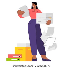 Concepto de mujer de negocios sobrecargada de trabajo. Profesional femenino haciendo malabares con múltiples tareas en medio de una ráfaga de papeleo. Eficiencia en el lugar de trabajo, desafío multitarea. Ilustración vectorial.