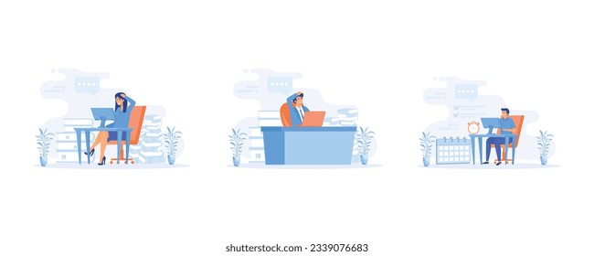 Overworked businesswoman, deadline, An Office Worker Overwhelmed by Work, set flat vector modern illustration