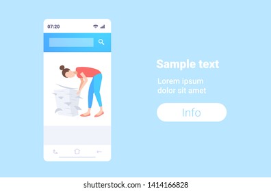 overworked businesswoman engaged in work with paper documents stack deadline hard working paperwork concept flat full length horizontal copy space