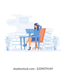 Overworked businesswoman, female manager sitting office desk in big pile of documents,  flat vector modern illustration