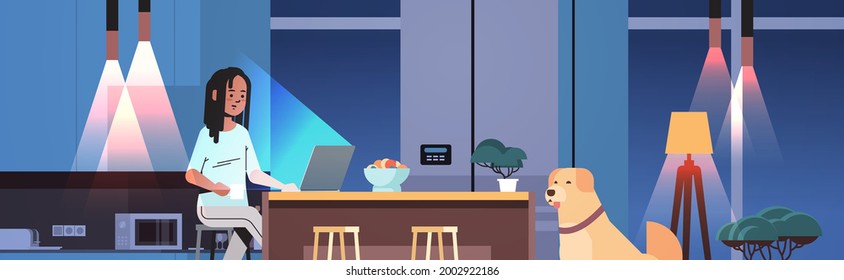 Overworked Businesswoman Freelancer Looking At Laptop Screen Woman With Dog Working In Dark Night Kitchen