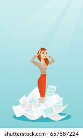 Overworked businesswoman having a lot of paperwork. Caucasian businesswoman surrounded by lots of papers. Businesswoman standing in the heap of papers. Vector flat design illustration. Vertical layout