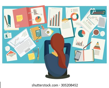 Overworked businesswoman taking a snap on desk at workplace, in office. Flat design. 