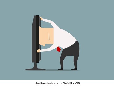 Overworked cartoon businessman stuck in monitor or computer. Vector. Business concept of www, internet and computer addiction