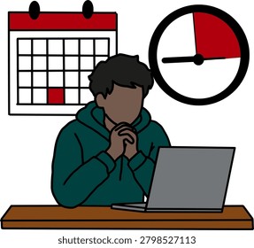 Overworked character at desk facing strict deadline time pressure and anxiety.