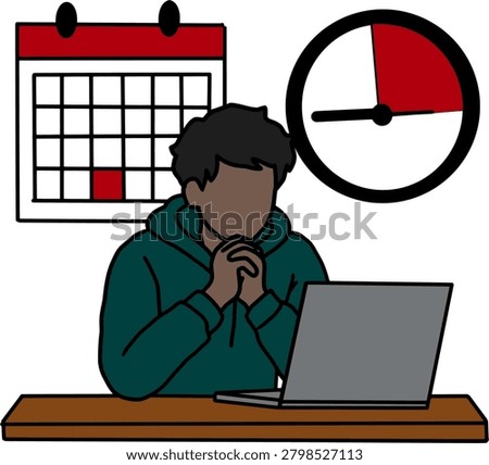 Overworked character at desk facing strict deadline time pressure and anxiety.