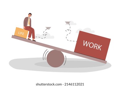 Overworked employee concept. Man sits on brick with inscription life, losing lot of work. Metaphor for misallocation of time and prioritization. Tired worker. Cartoon flat vector illustration