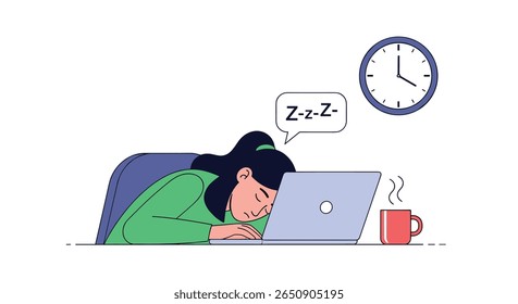 Trabalhador sobrecarregado adormece na mesa do computador sentindo-se exausto após longas horas de trabalho com um relógio mostrando tarde da noite